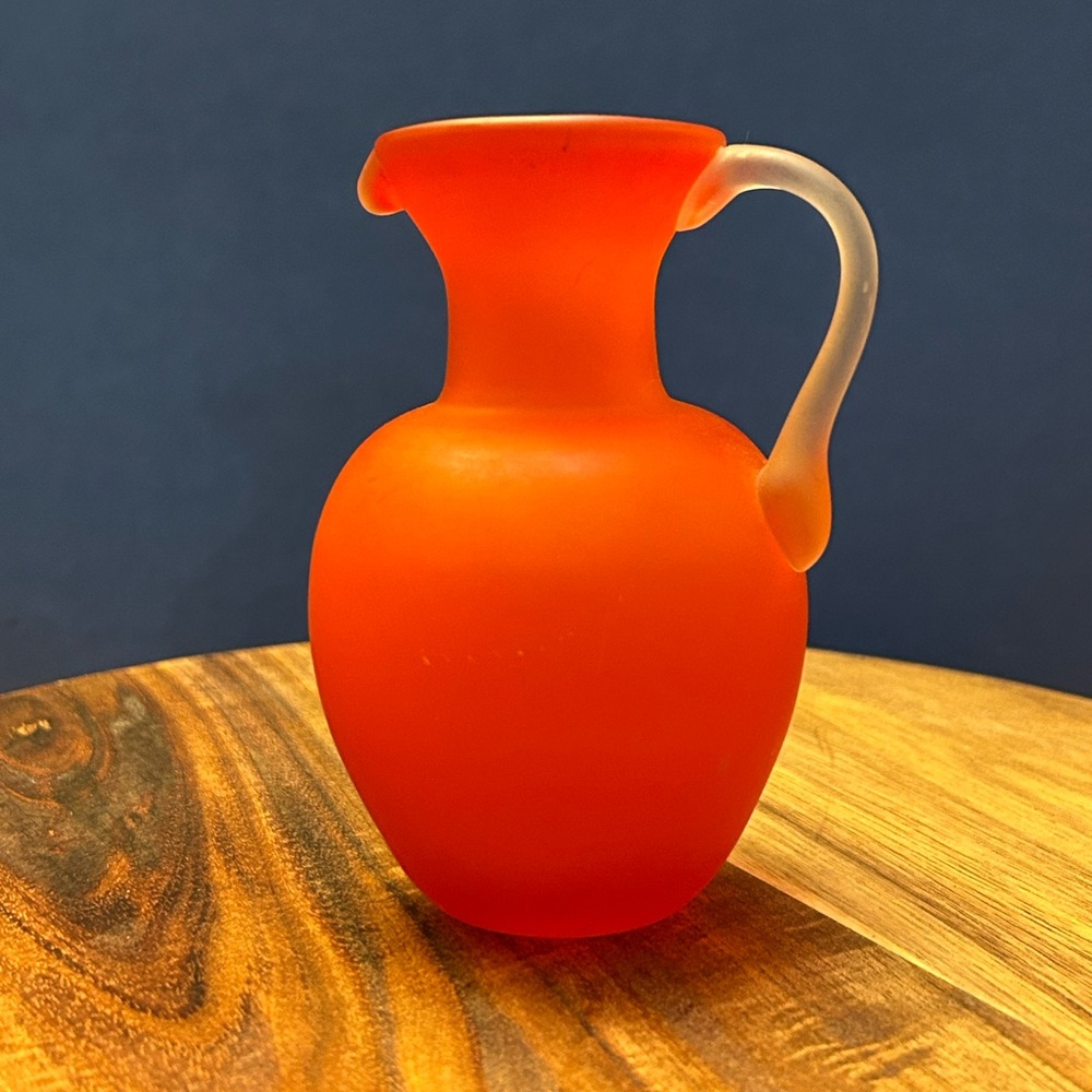 Satin Glass Hand Blown Orange Pitcher with Clear Attached Handle 4.5” X 2.5”